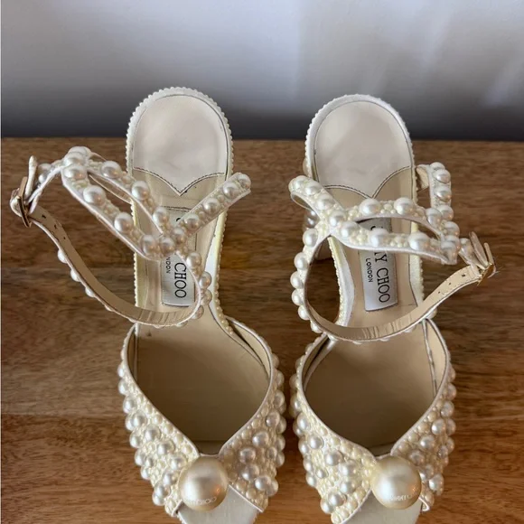 Jimmy Choo Sacaria Platform 120: Pearl-Studded Ivory Heels - Picture 7 of 10